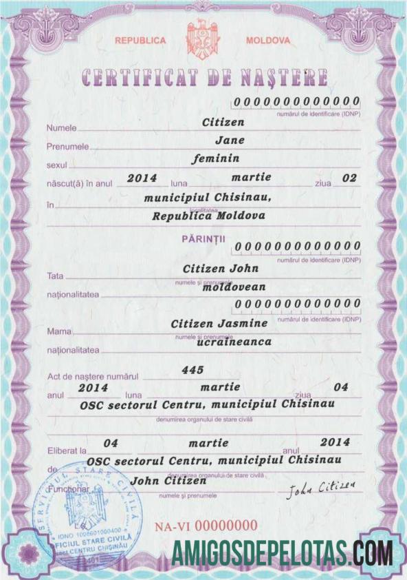 Certidão de Nascimento MOLDÁVIA exemplo